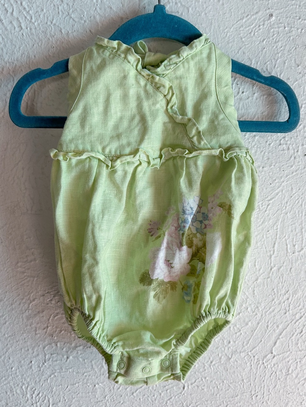 Janie and Jack Linen Vintage Floral halter Romper 6–12 Months Green